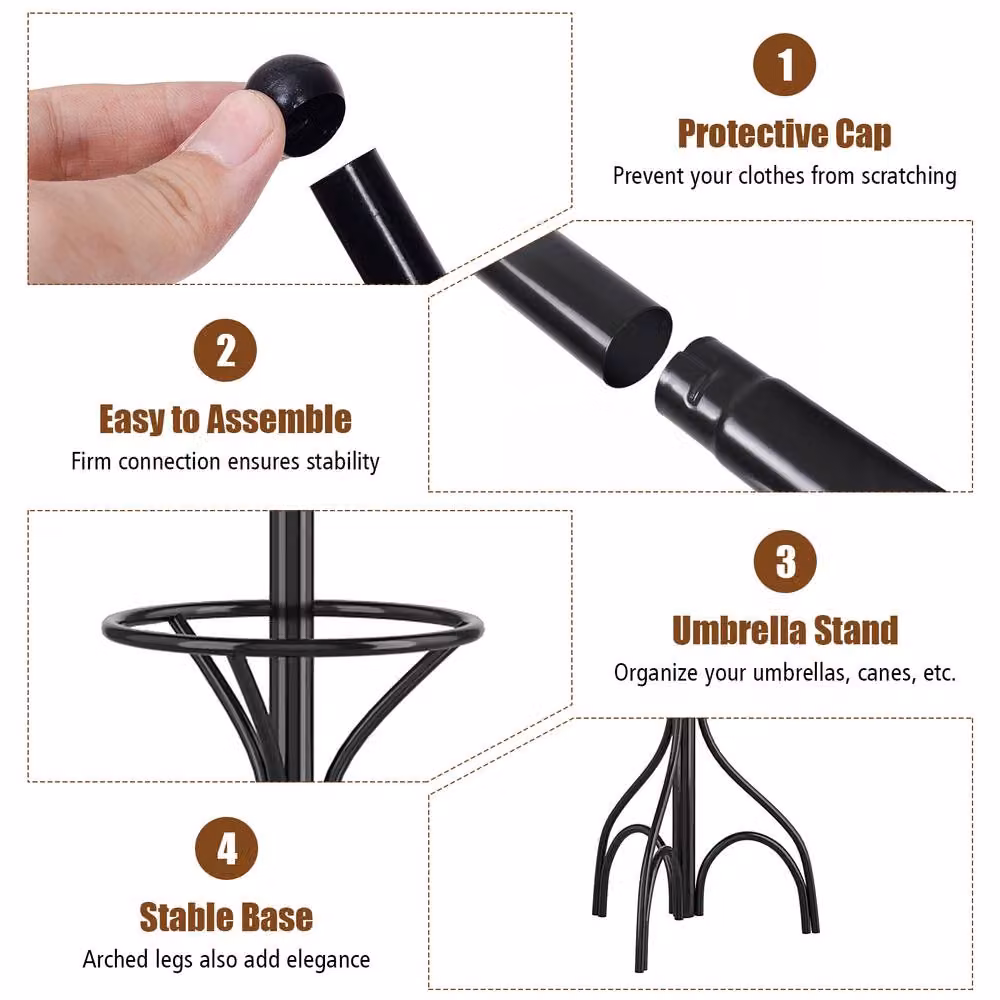 Costway Modern Metal Coat Stand Hanger with 12 Hooks and Umbrella Holder in Matt Black – 3