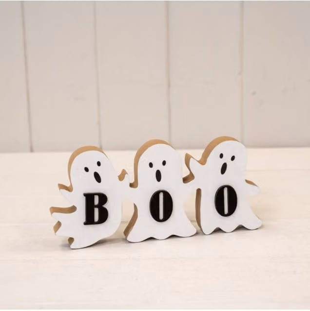 KDMD White Wooden Triple Ghost Boo Halloween Tabletop Sign
