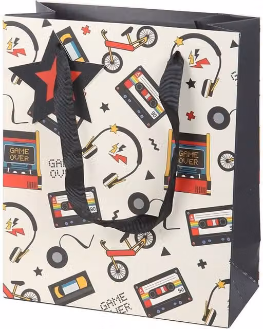 Kingsbury Gifts Retro 80s Print Paper Gift Bag in White and Multicolour, Medium
