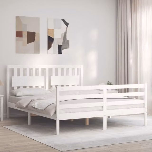 Berkfield Home Solid Wood Bed Frame with Headboard in White, 160 x 200 cm – 1