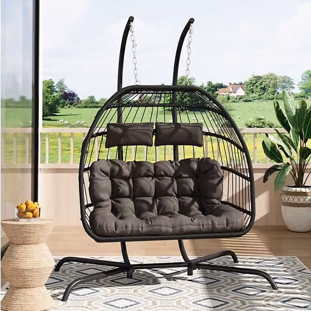 Livingandhome Modern 2-Seater Garden Hanging Egg Chair in Black with Weatherproof Cushions