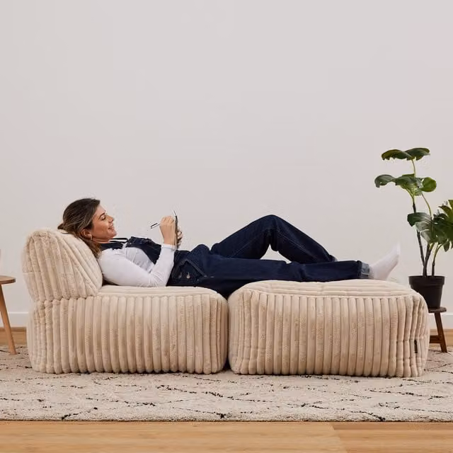 ICON Tetra Ribbed Faux Fur Modular Sofa Bean Bag in Beige and Yellow, Width: 176 cm