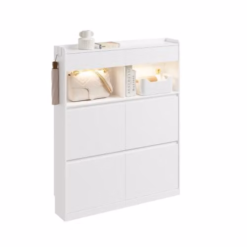 SoBuy Modern White Slim Shoe Cabinet with Integrated Lighting and Tilting Compartments, W/D/H: 120 x 19 x 98 cm
