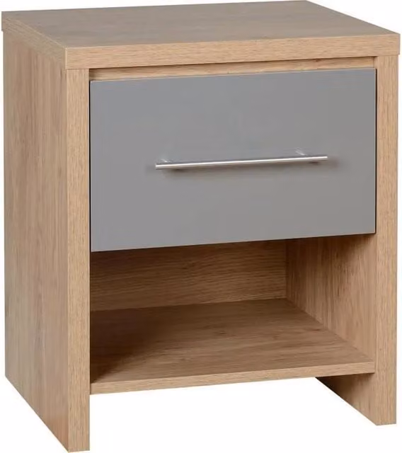 FORGEVIO Modern 1 Drawer Bedside Table in Grey High Gloss with Light Oak Finish – 1