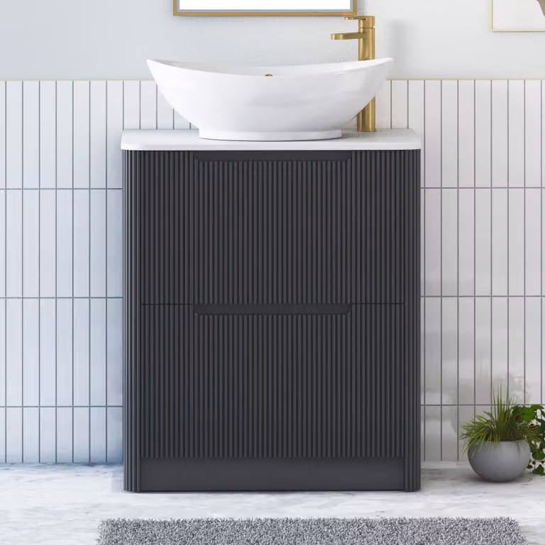 Royal Bathrooms Avenza 600mm Matt Obsidian Black Floor Standing 2 Drawer Vanity Unit with Plain White Worktop and Amaze Basin