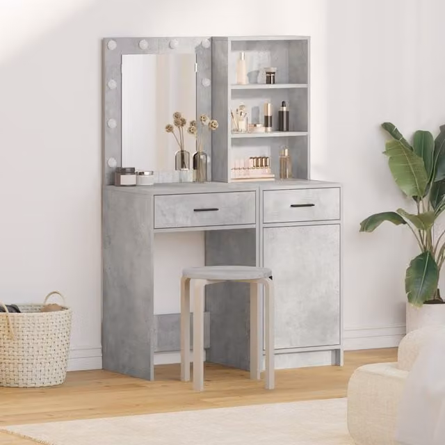 Berkfield Home 2 Piece Hollywood LED Dressing Table Set in Grey Matt Engineered Wood