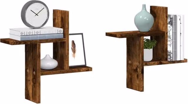 Berkfield Home Set of 2 Wall Mounted Shelves in Smoked Oak Brown, W/D/H: 38 x 12 x 38 cm