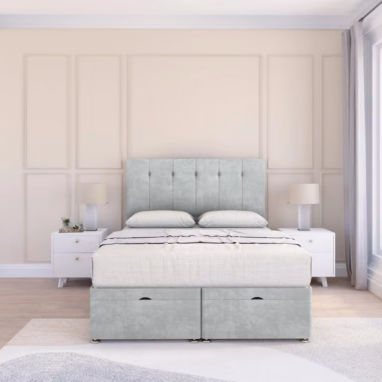 Sloomy Highbury Naples Silver Fabric Ottoman Bed with Sprung Memory Mattress and 26 Inch Strut Headboard, Small Double, W/D/H: 120 x 200 cm