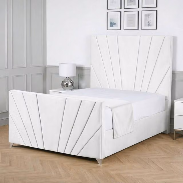 Living Comfort Bedz Lumina Double Upholstered Plush Velvet Bed with Slatted Base and Headboard in White, W/D/H: 140 x 200 cm