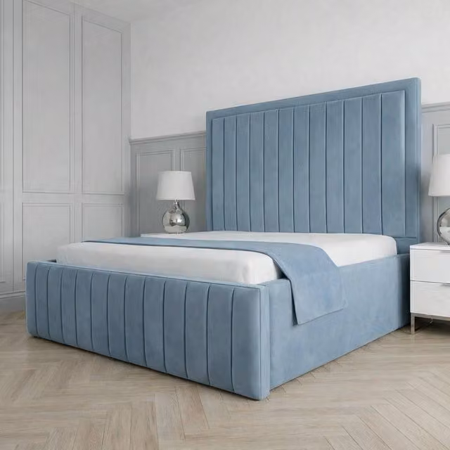 Living Comfort Bedz Sovereign Plush Velvet Upholstered Bed with Slatted Base and 48 Inch Headboard in Light Blue, Double Size