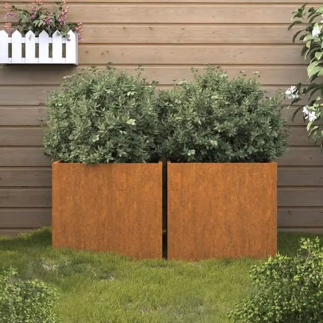 Berkfield Home Corten Steel Planter Tub Set in Brown, 2 Pieces, W: 32 cm, D: 30 cm, H: 29 cm