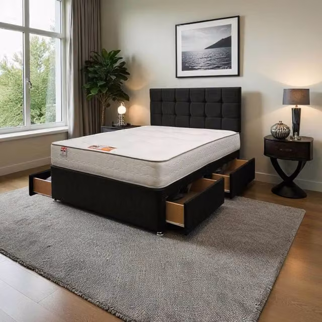 Knight Sleep Modern Upholstered Fabric Bed Set with Drawers and Mattress in Black, W/D/H: 140 x 200 x 60.96 cm