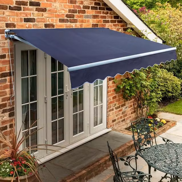 Primrose Manual Wall-Mounted Garden Patio Awning Canopy in Plain Dark Blue, 4m