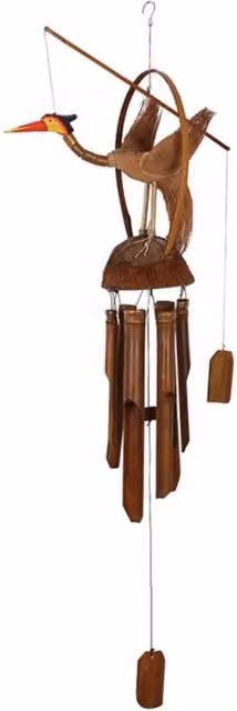 KDMK Nodding Bird Bamboo Windchime in Brown with Rustic Wood Hanging Decor