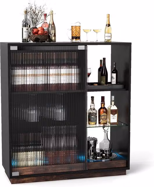 COSTWAY Modern Black Coffee Station with Glass Racks