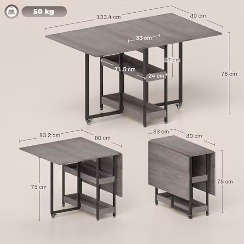 HOMCOM Grey Folding Drop-Leaf Dining Table for 4 Adults, W/D/H: 80 x 50.2 x 75 cm – 3