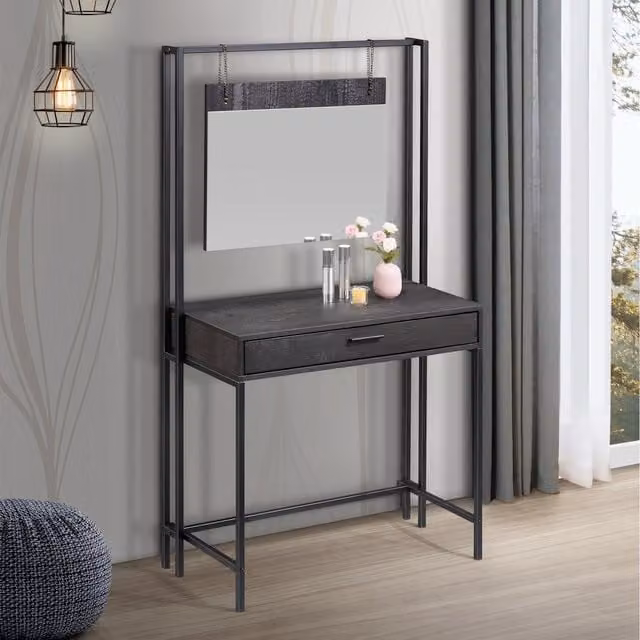 Timber Art Design UK Zahra Urban Bedroom Dressing Vanity Makeup Table with Mirror and Drawer, Black, W/D/H: 150 x 40 x 84 cm