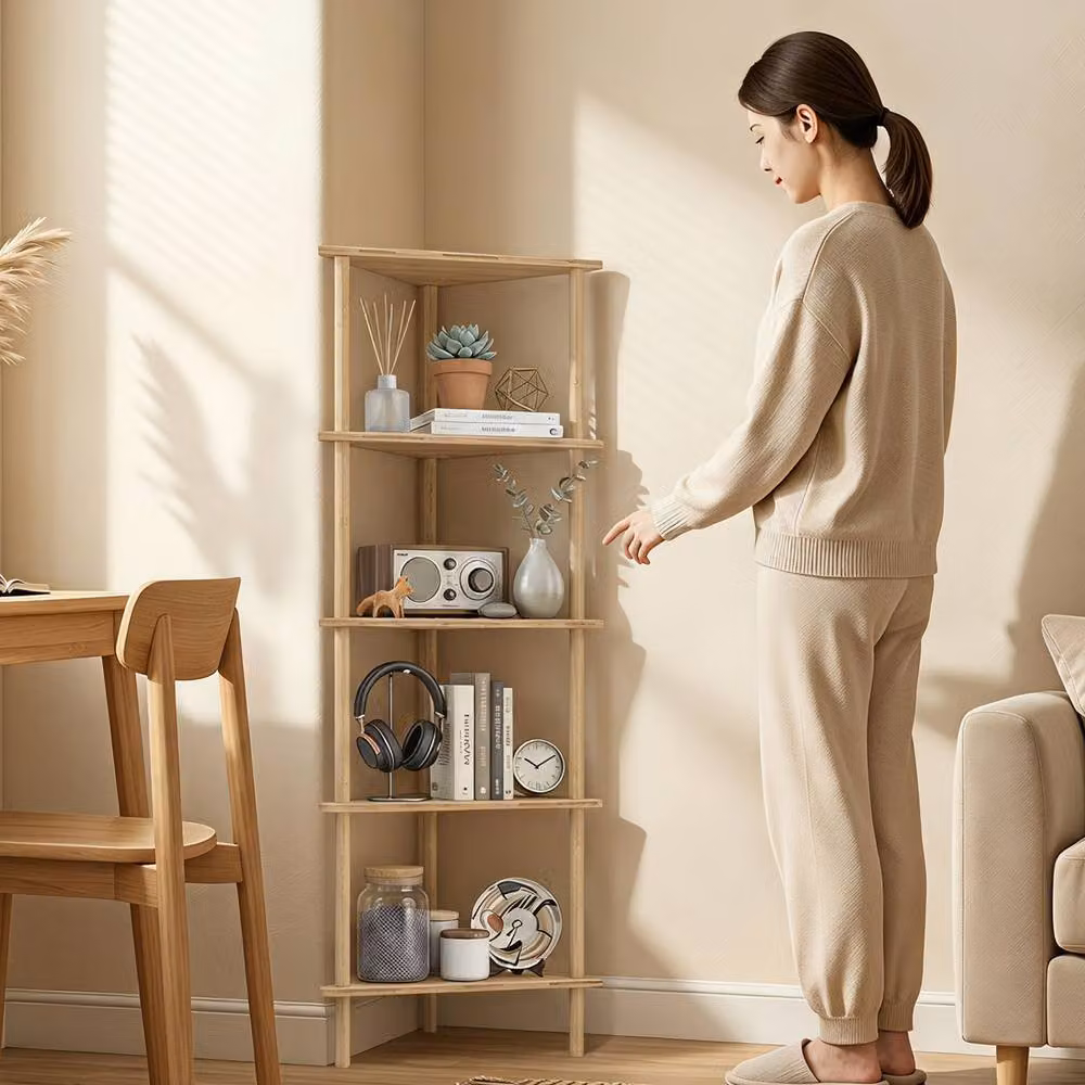 STILVORA 5 Tier Bamboo Corner Shelf in Beige – 5