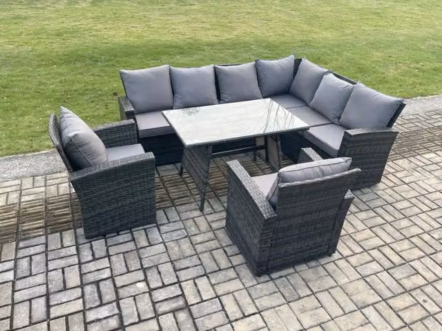 Fimous 8 Seater Rattan Corner Sofa and Dining Table Set with 2 Armchairs in Dark Grey