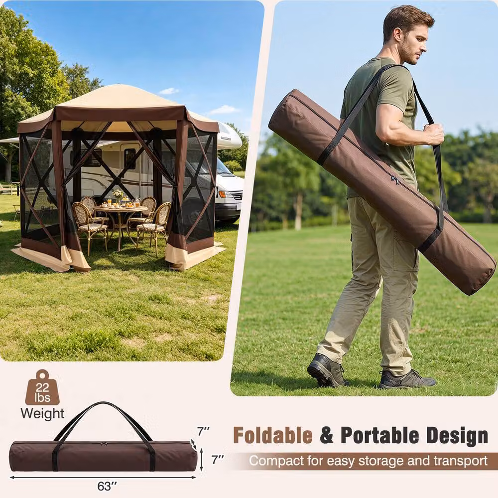 Costway Foldable 6-Sided Garden Gazebo with Net Sides and Zipped Door in Brown, W/D/H: 300 x 300 x 230 cm – 6