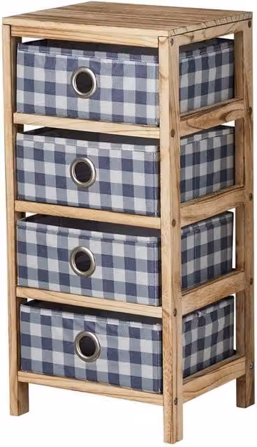 Nordara Wooden 4 Drawer Chest with Brown and Blue Checked Fabric in Maritime Style, W/D/H: 100 x 100 x 100 cm