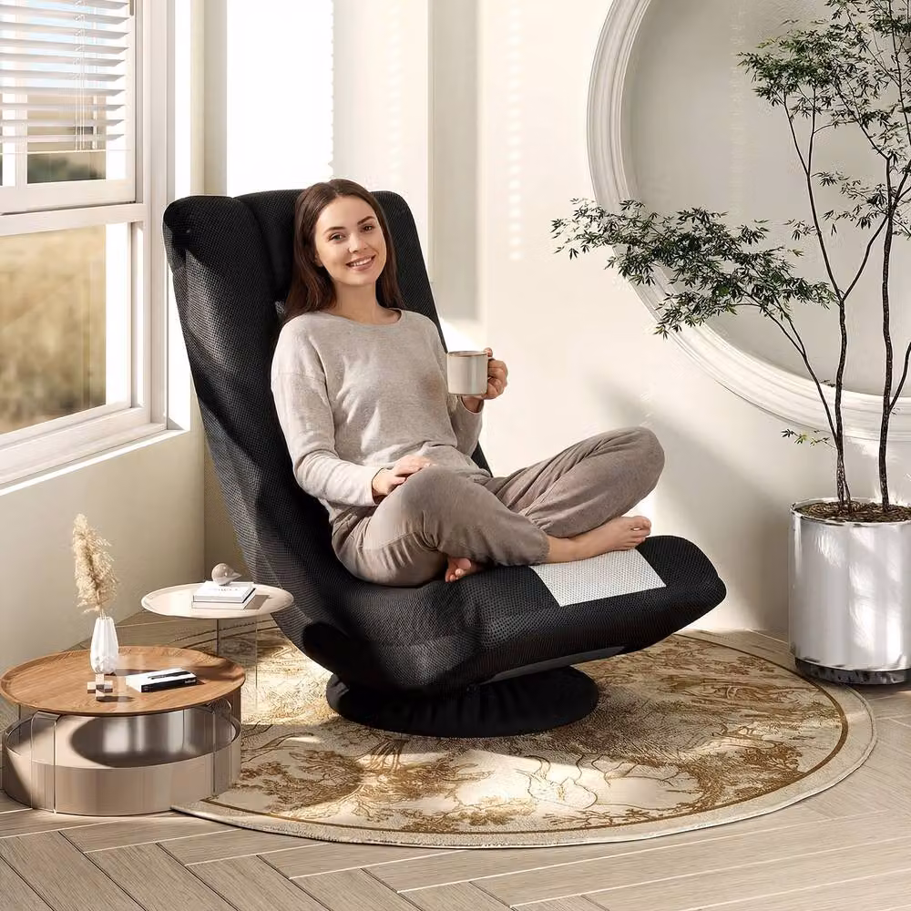 Gymax Folding Floor Sofa Chair with 360 Degree Swivel and 4 Position Adjustment in Black – 3