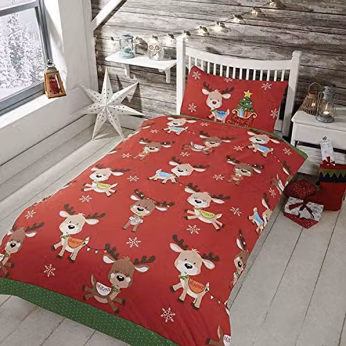 Rapport Home Rudolph and Friends Christmas Duvet Cover and Pillowcase Set, Red and Green, Polycotton, Pillowcase: 40 x 60 cm