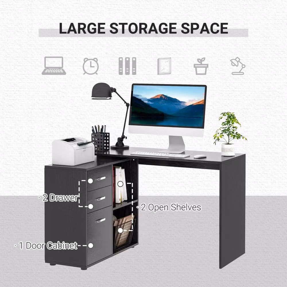 FORGEVIO L-Shaped Corner Computer Desk with Drawer and Shelf in Black – 3