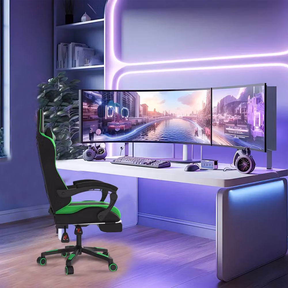Alivio Ergonomic Green PU Leather Gaming Chair with Footrest, Headrest and Lumbar Support – 4