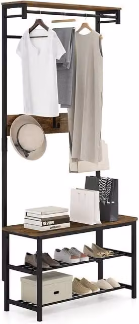Gymax Industrial Hall Tree with Bench and Shoe Cupboard in Brown
