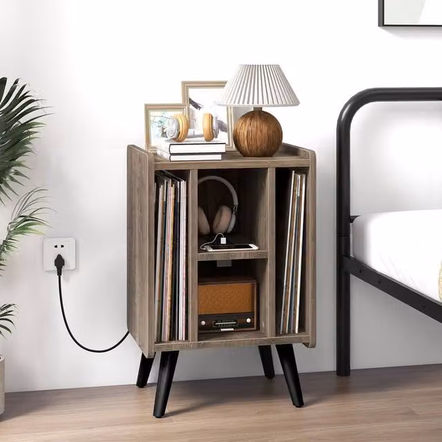 Costway Record Player Stand and Vinyl Record Storage Side Table with Power Outlet in Grey – 1