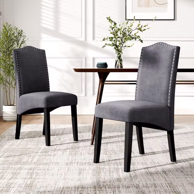Komore Set of 2 Modern Grey Velvet Dining Chairs with Black Metal and Wood Accents