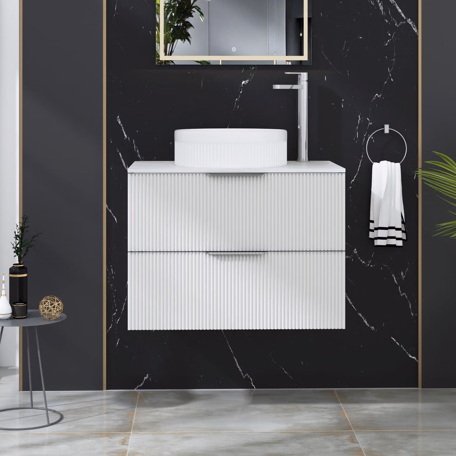 Royal Bathrooms Evora 700mm Matt White Fluted Wall Hung Countertop Vanity Unit with 2 Drawers and Round Basin