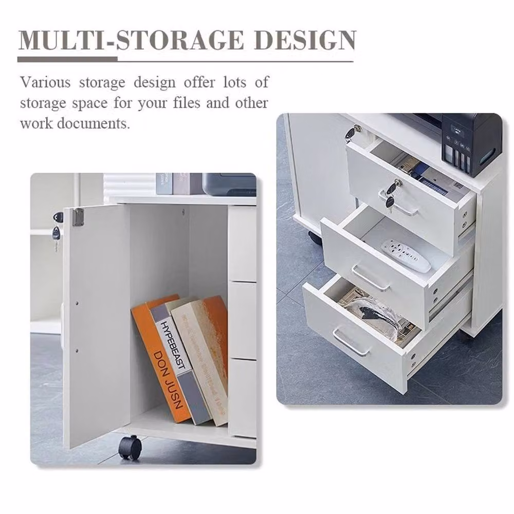 VOGREX White Mobile Printer Stand and Filing Cabinet with Lockable Drawers and Castors – 3