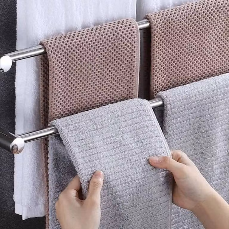 FORGEVIO Silver Double Towel Rail Bathroom Rack Shelf, W: 180 cm, H: 180 cm, D: 50 cm