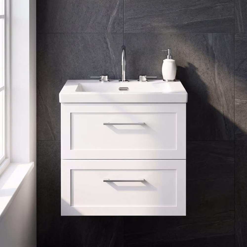 Balterley Stonnall Wall Mounted 2 Drawer Vanity Unit and 3TH Fireclay Basin in Matt White, Width: 60 cm – 3