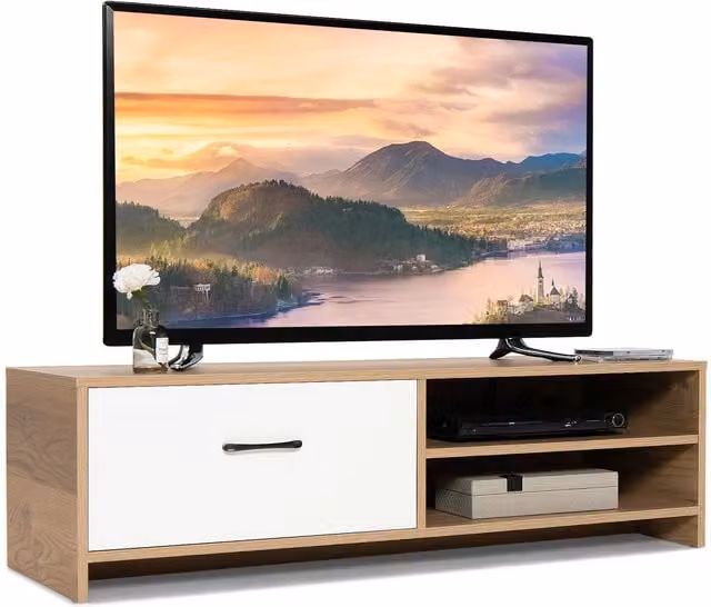 Costway Wooden TV Stand for up to 55 Inch TVs with 2 Open Shelves and 1 Drawer in Natural – 1