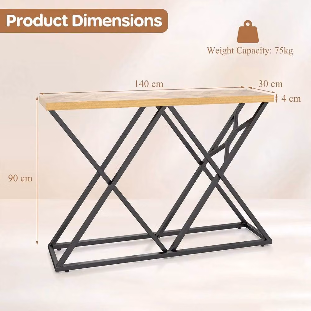 VOGREX Black and Beige Farmhouse Entryway Console Table with Geometric X-Frame Metal Design, W: 140 cm, H: 90 cm – 2