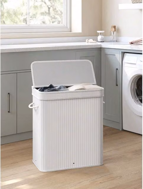 SONGMICS Bamboo 100L Laundry Hamper with Lid and Removable Bag, White, H: 61.0 cm x W: 34.5 cm x D: 54.5 cm