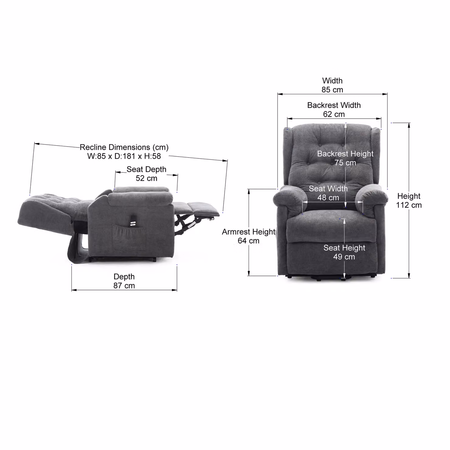 More4Homes Barnsley Charcoal Fabric Electric Dual Motor Rise Recliner Mobility Armchair – 4