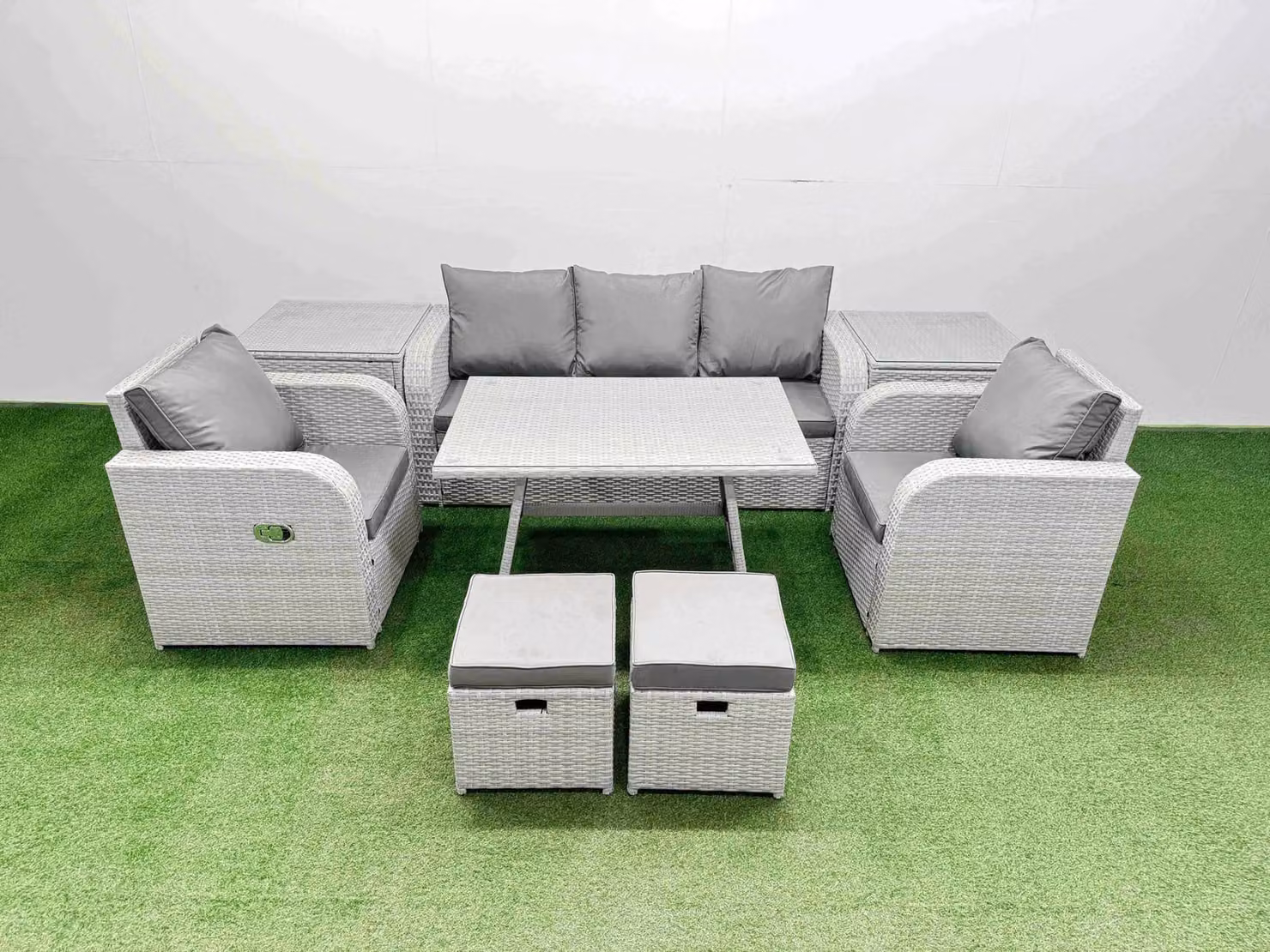 Fimous 3 Seat Reclining Sofa Set with Dining Table and Glass Top in Light Grey