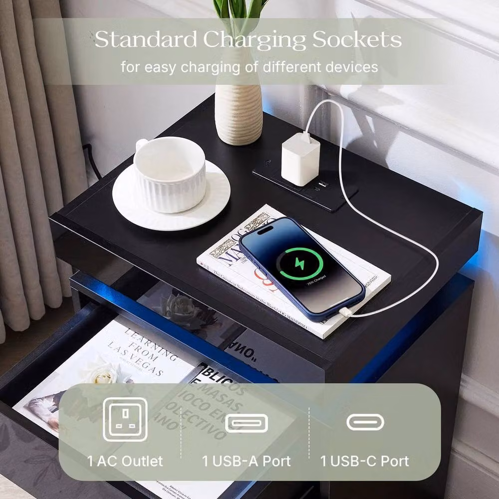 PAWNORA Modern Black Glossy Bedside Table with 2 Drawers and Integrated Lighting – 3