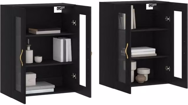 Berkfield Home Set of 2 Black Wall Mounted Cabinets with Glass Doors and Internal Shelves