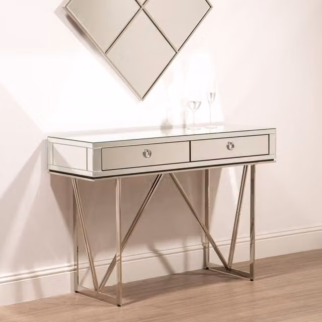 Orsina Glamorous Silver Console Table with Mirrored Glass Top and 2 Drawers, W/D/H: 120 x 40 x 79 cm – 1