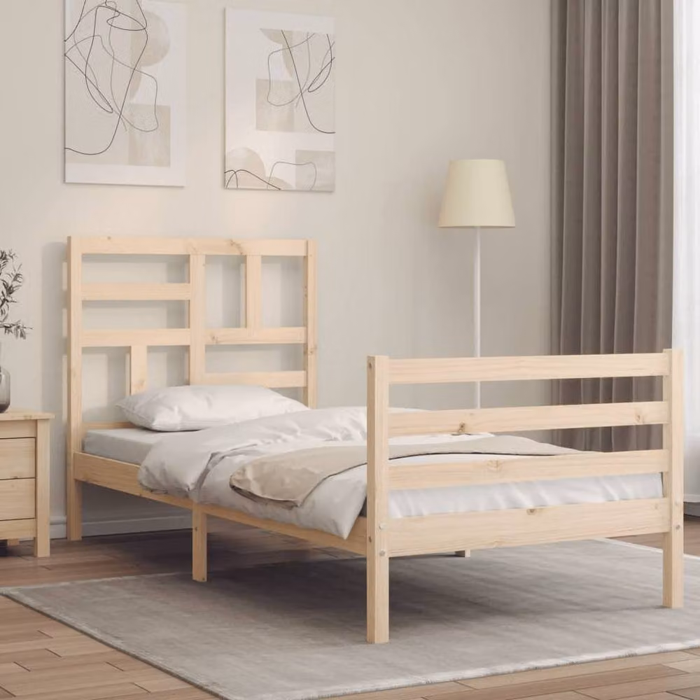 Berkfield Home Solid Wood Bed Frame with Headboard in Beige, W/D/H: 90 x 200 cm – 2