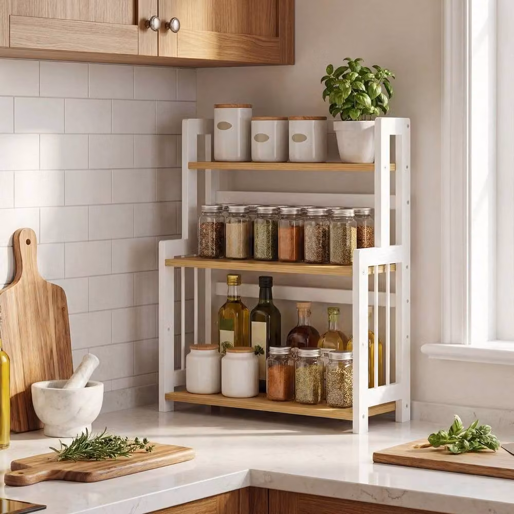 Kelvenix 3-Tier Scandinavian Style Countertop Storage Shelf in White and Brown Wood Finish – 2