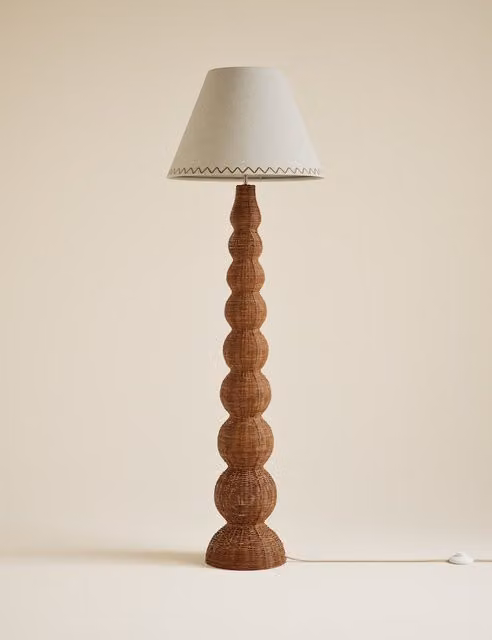 M&S Brown Rattan Boho Floor Lamp with Fabric Cylinder Shade