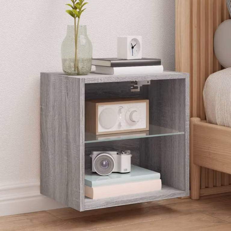 Berkfield Home Wall-mounted Bedside Cabinet with Integrated LED Lights in Grey Sonoma