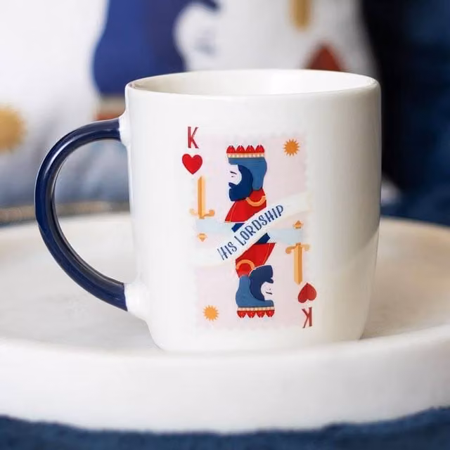 Uniqueful His Lordship Playing Card Ceramic Mug for Adults in White and Blue, 350 ml
