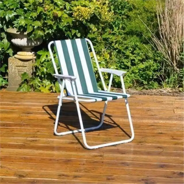 FLAVORA Green Striped Folding Garden Patio Deck Chair with Armrests – 1